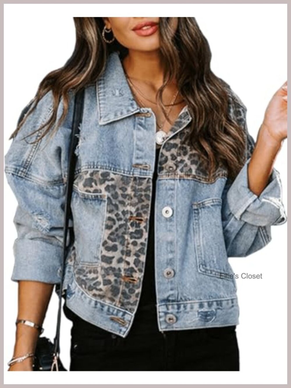 Women's Distressed Leopard Cropped Denim Jacket Button Down Long Sleeve Shacket